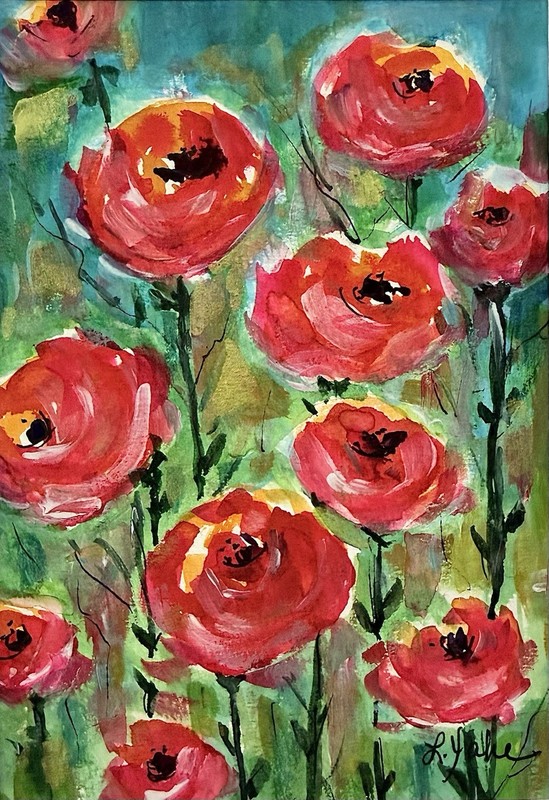 Orange Red Roses Garden Romance Flowers Art Original Painting Linda Yake 8 X 10