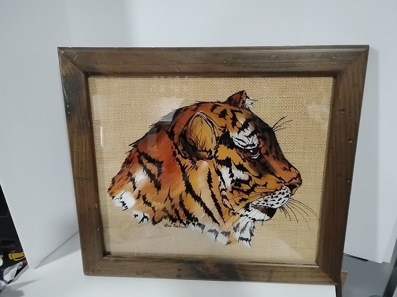 Vintage Art Reverse Glass Painting Of Tigers Head Frame 16”x14” Signed By Artist