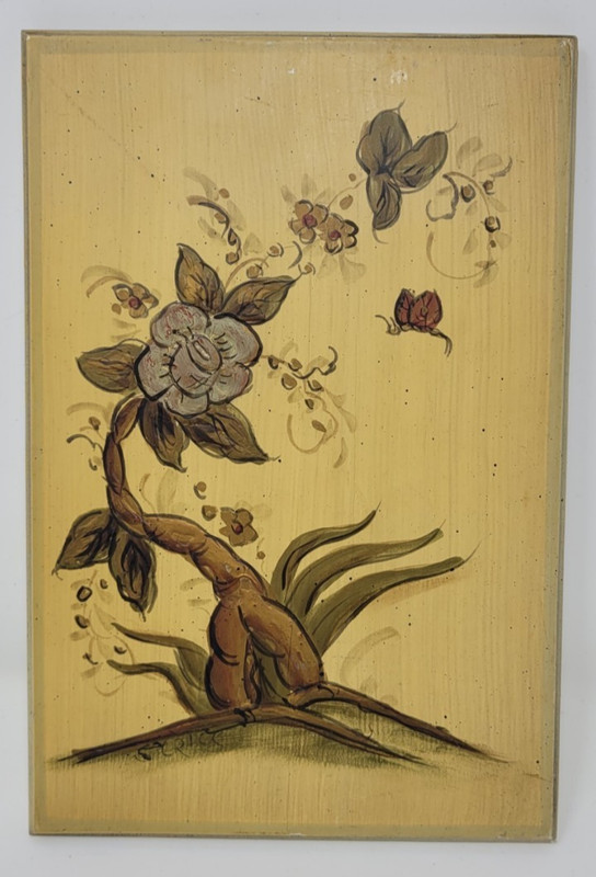 Vintage Flower & Butterfly Hand Painted Wooden Plaque Wall Art by S. Crick 6″x9″