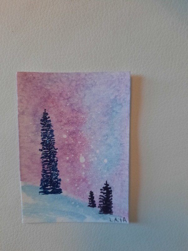 Watercolor ACEO Original Painting Mini 2.5×3.5 Abstract Sky Spruce Trees