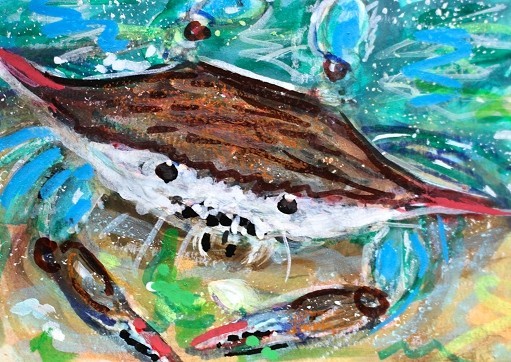 ORIGINAL ACEO Painting Blue CRAB Sea Life Beach Maryland Ocean Sand ATC ART