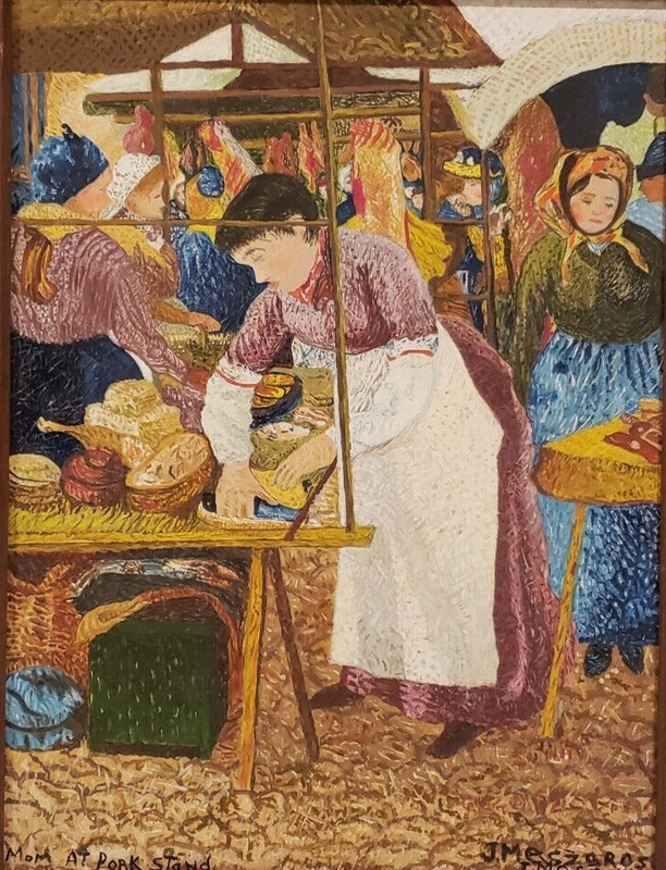 Mom at Pork Stand Market Scene Oil Painting Framed Art (17" x 14") gallery