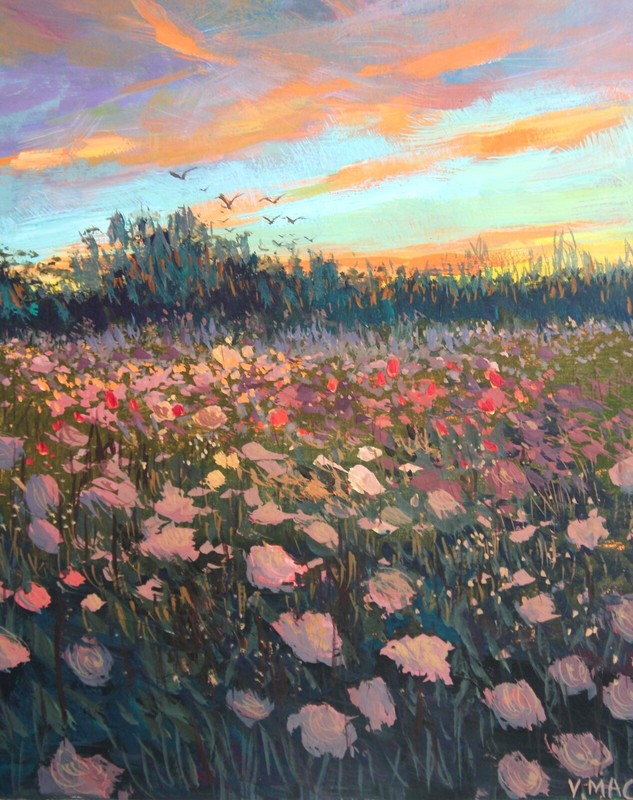 Original Landscape Painting Signed Floral Sunset Flowers Nature Collectible Art gallery
