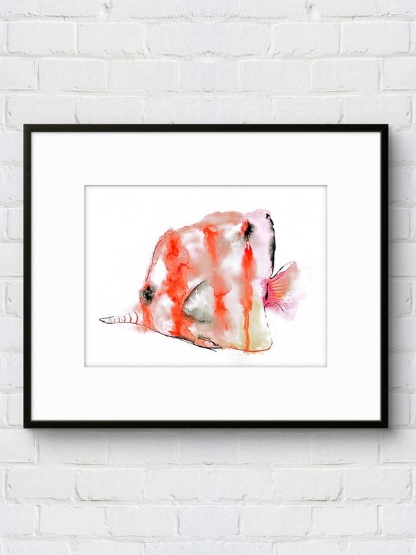 Original Tropical Fish Painting 12×9 Ink Coral Pink White Signed