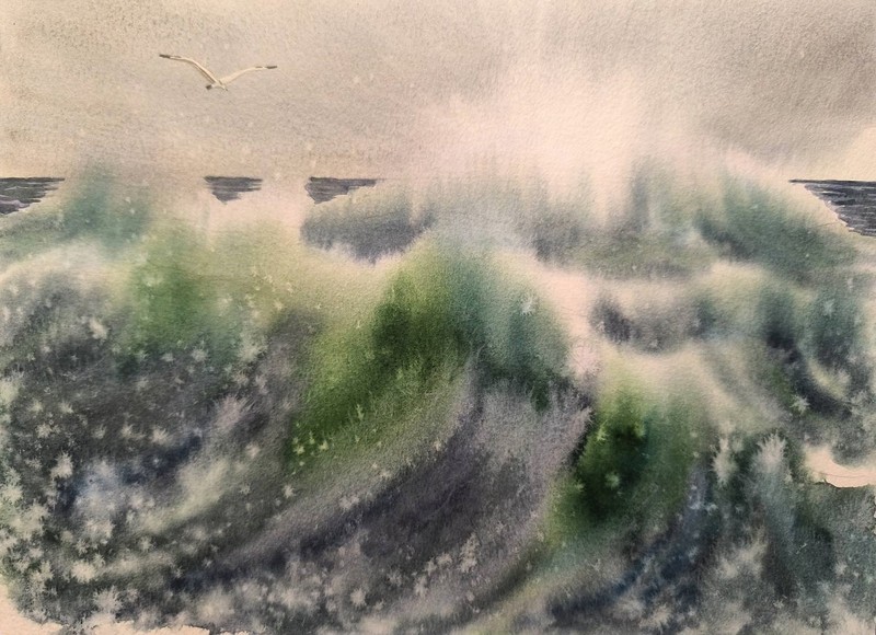 Original Artwork Modern Painting Landscape SEA BIRDS WAVES SKY Seascape Gift A4