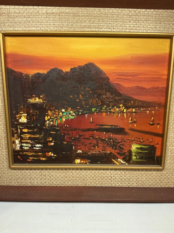 Vintage Hong Kong Harbor Oil Painting Signed Y.W. Lau Framed 16" x 14" gallery