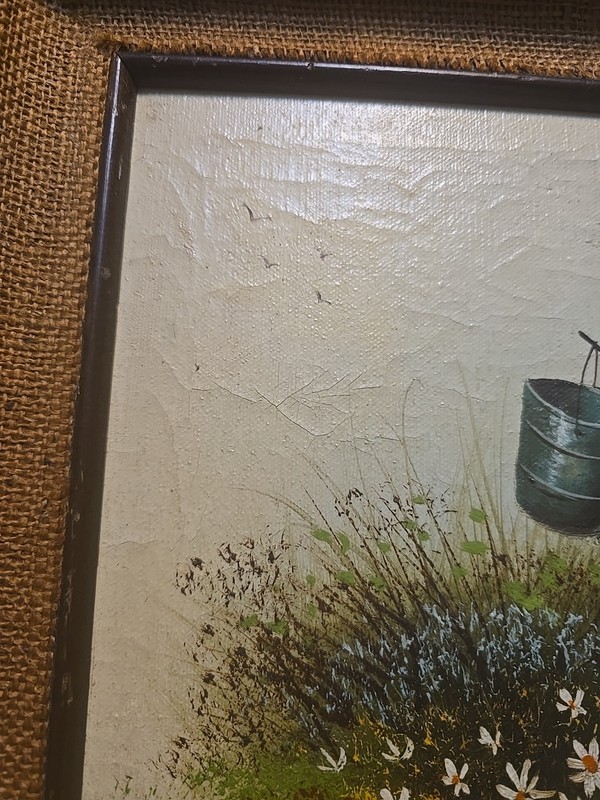 Vtg Rustic/Country Folk Art Framed Painting Wild Flowers & Daisies Pail & Post gallery