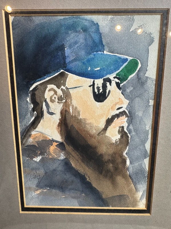 Gibbs 1980 Signed Watercolor Portrait Man Baseball Cap Sunglasses Framed Art gallery