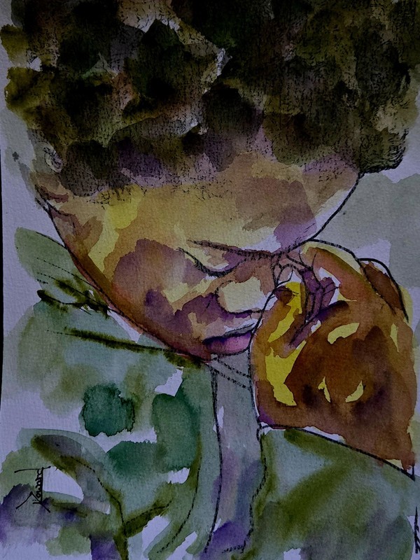 ORIGINAL African American Urban Watercolor  painting "Family Prayer 3"