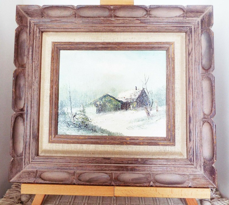 VINTAGE ORIGINAL SIGNED OIL ON WOOD W. SMITH WINTER CABIN PAINTING WOOD FRAMED gallery