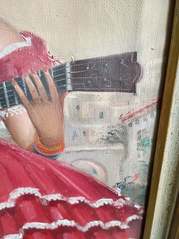 Vtg CORTES MATAS Flamenco Guitarist Original Oil On Canvas Seville Spain 1930-50 gallery