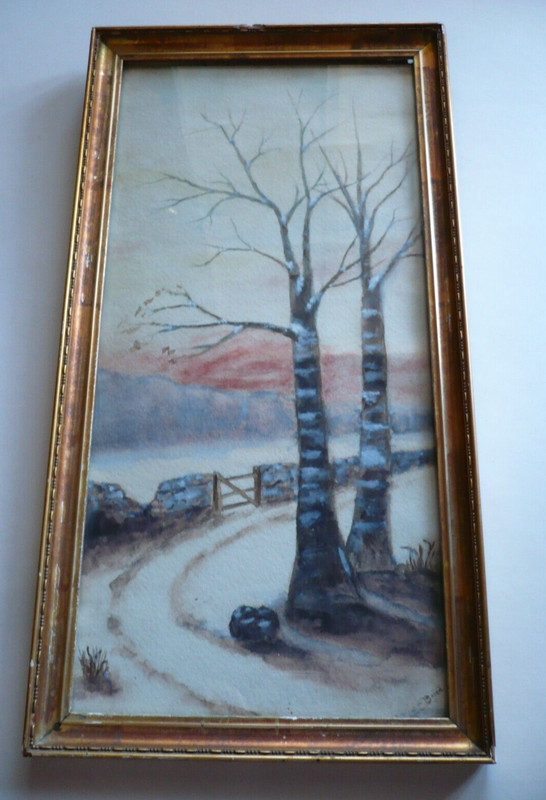 LILLIAN BAIRD, ANTIQUE WATERCOLOR, OLD GOLD FRAME SIGNED WINTER LANDSCAPE TREES gallery