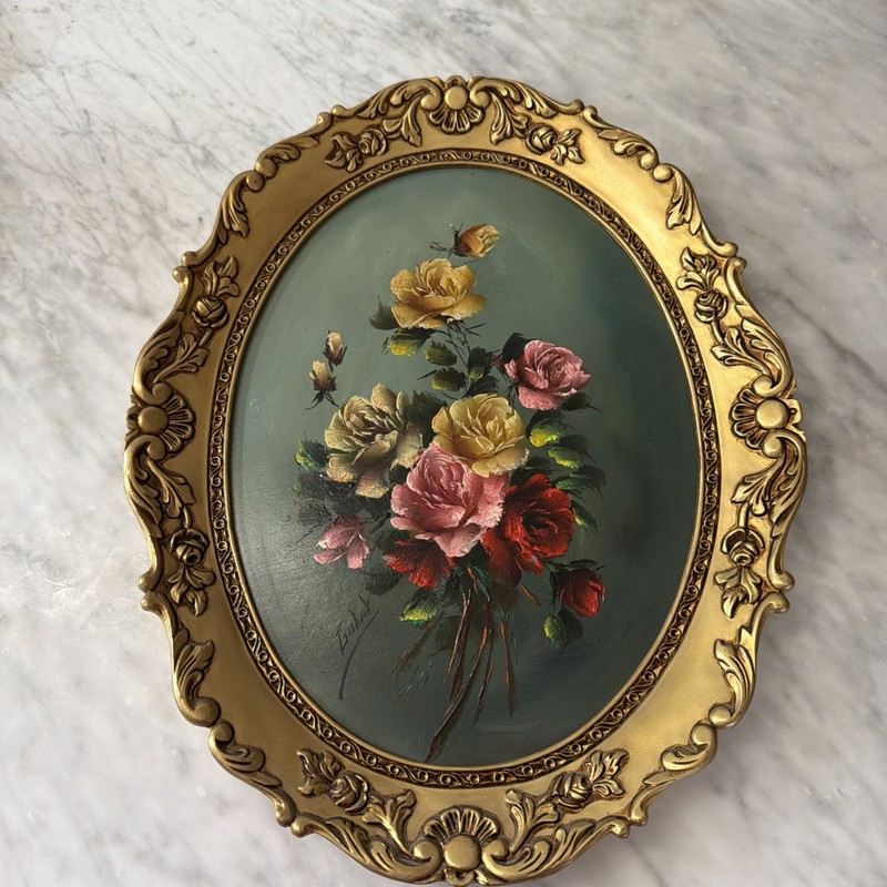 Antique Oil Floral Painting Ornate Gilded Wood Frame ARTISTIC INTERIOR OVAL