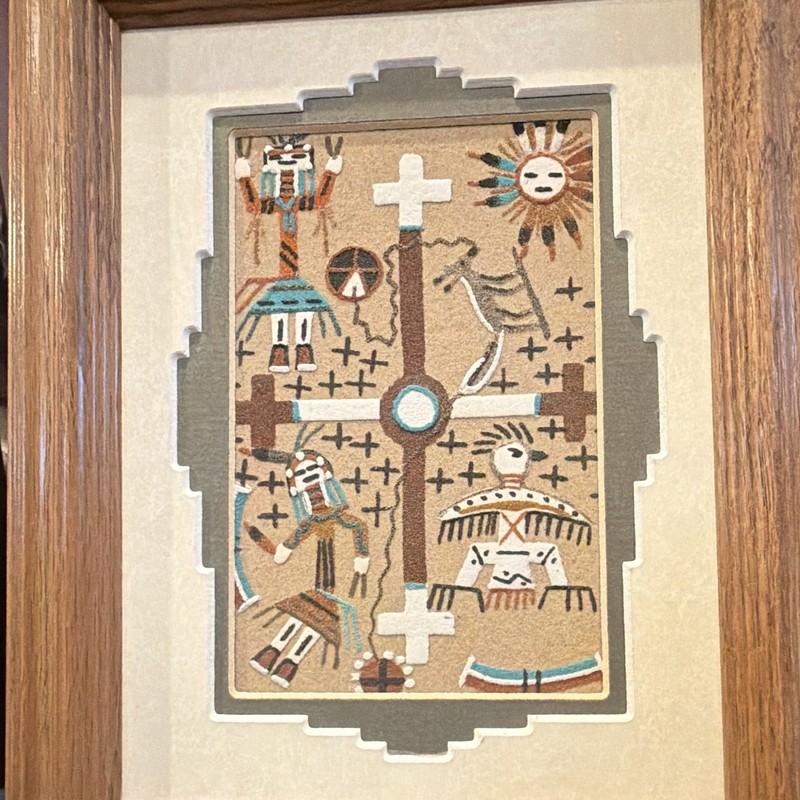 Marshall Hitey Signed Framed Matted Native American Painting Figures Sun Cross