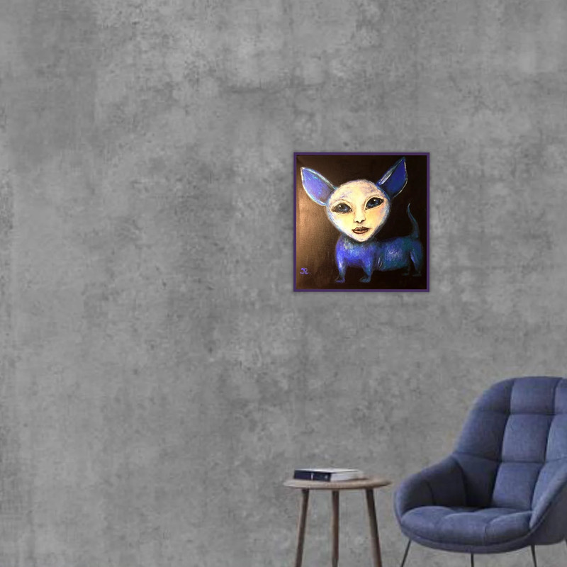 Fantasy Blue Puppy Friend – original acrylic painting on black canvas gallery