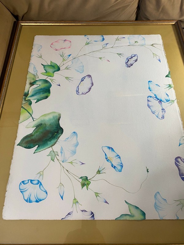 Large «Scene With Morning Glory Flowers» Watercolor Painting – Framed