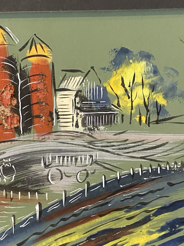 Mid-Century Modern Farm Landscape Painting Signed Ali Vintage Rural Gouache Art gallery