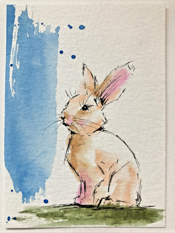 ACEO Original Watercolor Painting ATC Artist Trading Card OOAK Bunny Rabbit