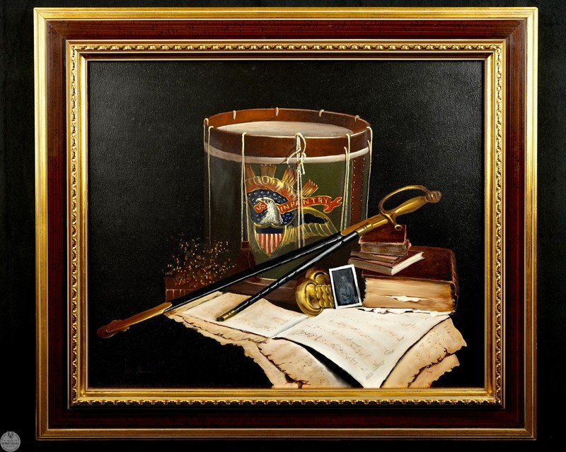 Vintage Framed Still Life Oil on Canvas "The Civil War Drum" After John Duillo