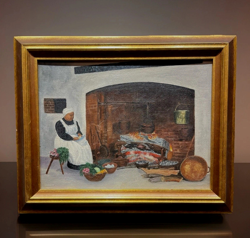 Vintage Signed Oil Painting Cook Colonial Hearth Kitchen Scene Framed 15.25”