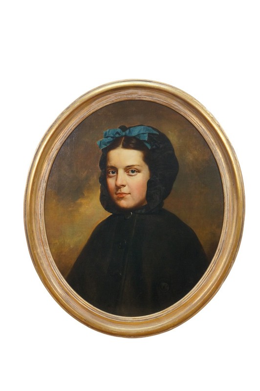 J Paul Stevens Girl in Cloak Oval Portrait Oil Painting on Board 28″
