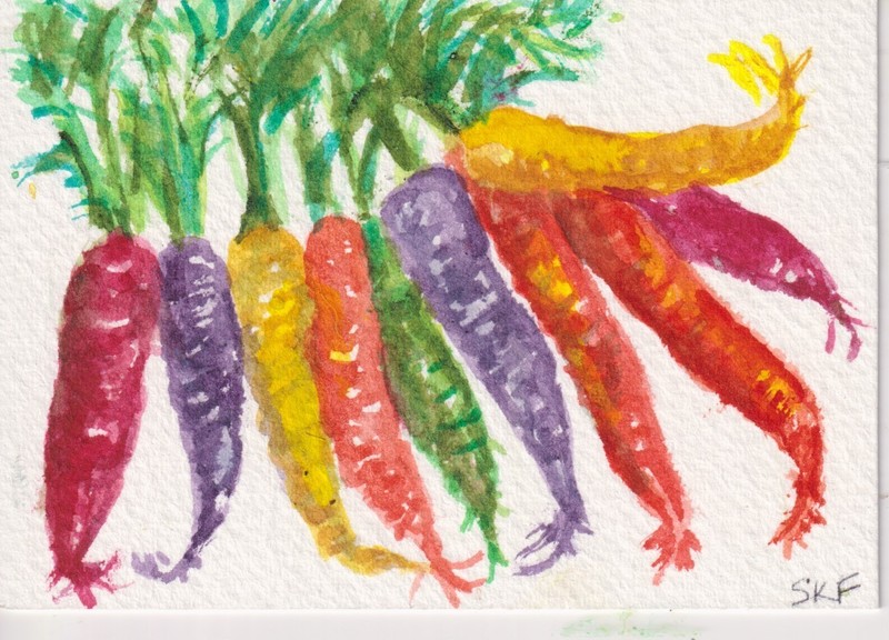 ACEO Colorful Carrots Original Watercolor Painting by Sharon Foster