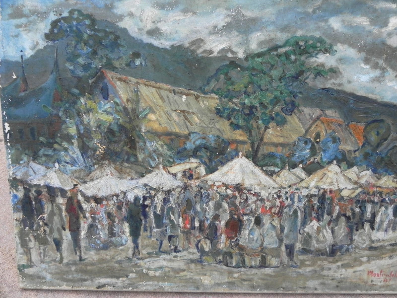 Vintage Indonesian art market painting 1962 by Muslim Saleh 1927- gallery