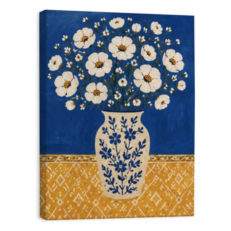 White Flower Vase Canvas Wall Art Blue Floral Print Cottagecore Kitchen Farmhous