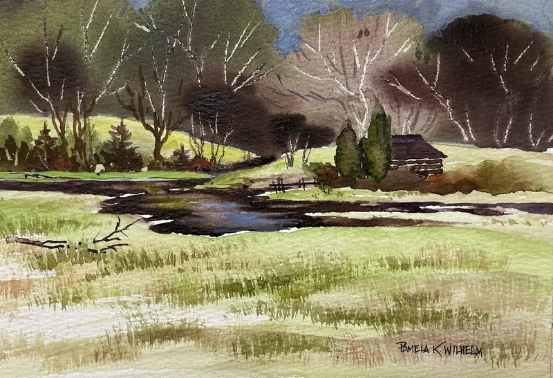 Pamela Wilhelm original Watercolor 5”x7” Log Cabin Pond Landscape After A Rain