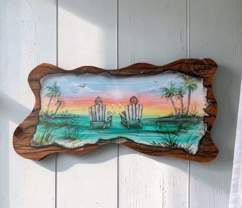 Original Windowmaker 2013 Hand Painted Tropical Beach Wood Wall Art Signed