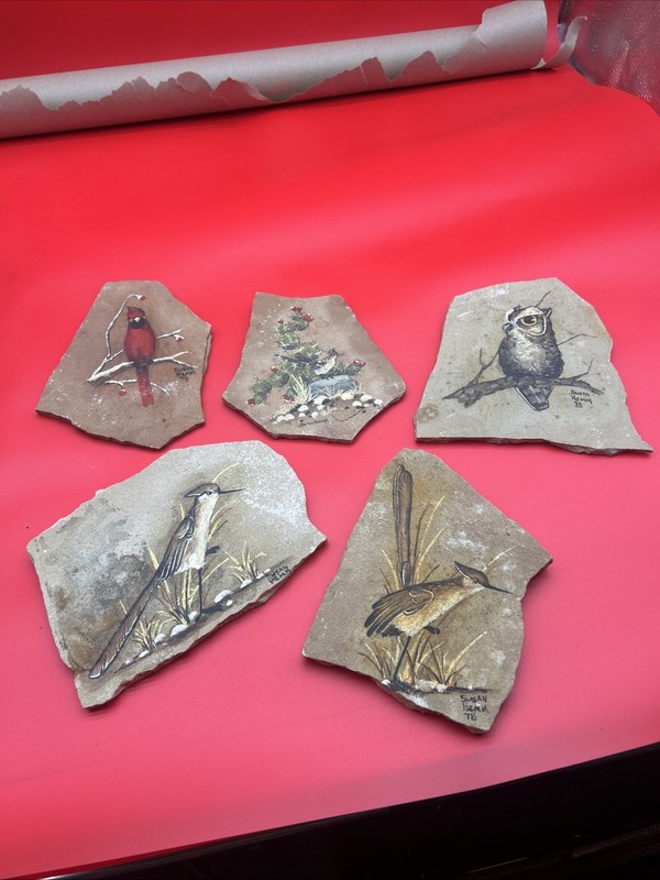 VTG 1980s Rock/stone Art Work Birds Lot Of 5 With Hangers On The Back