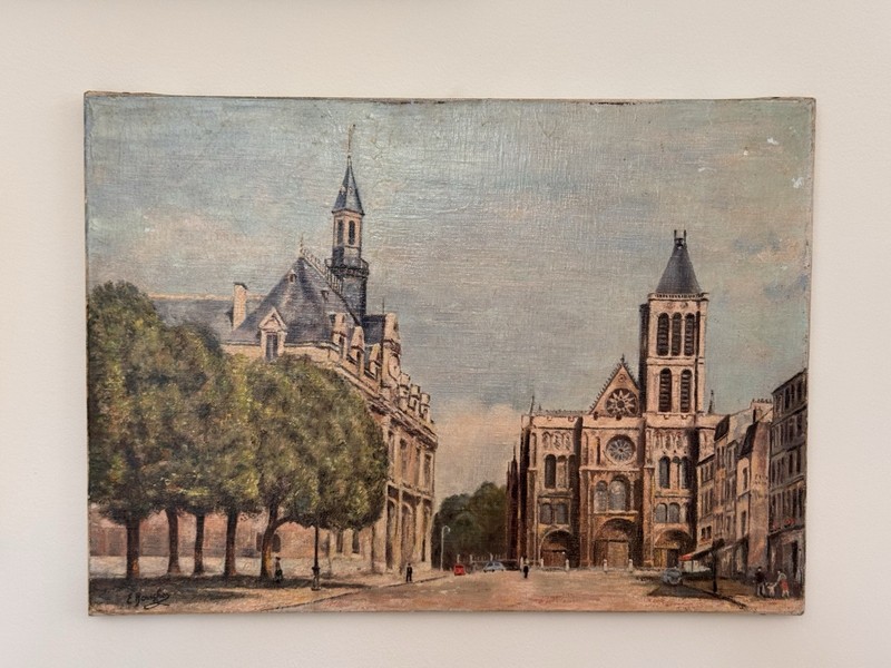 Vintage Signed French Oil Painting Portrait Of Hotel de Ville Paris Landscape