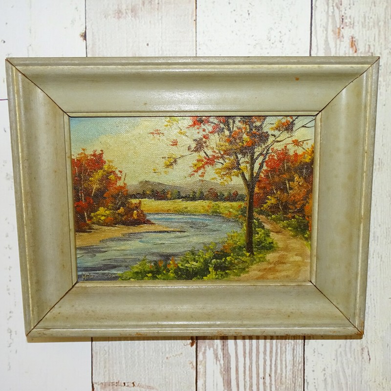 1953 Miniature Autumn Landscape Oil Painting O/B Stream Trees Signed Helen Cox gallery