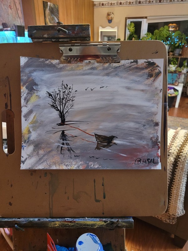 Original 11x14 Acrylic Landscape on Paper Lone Tree Boat Reflection Art gallery