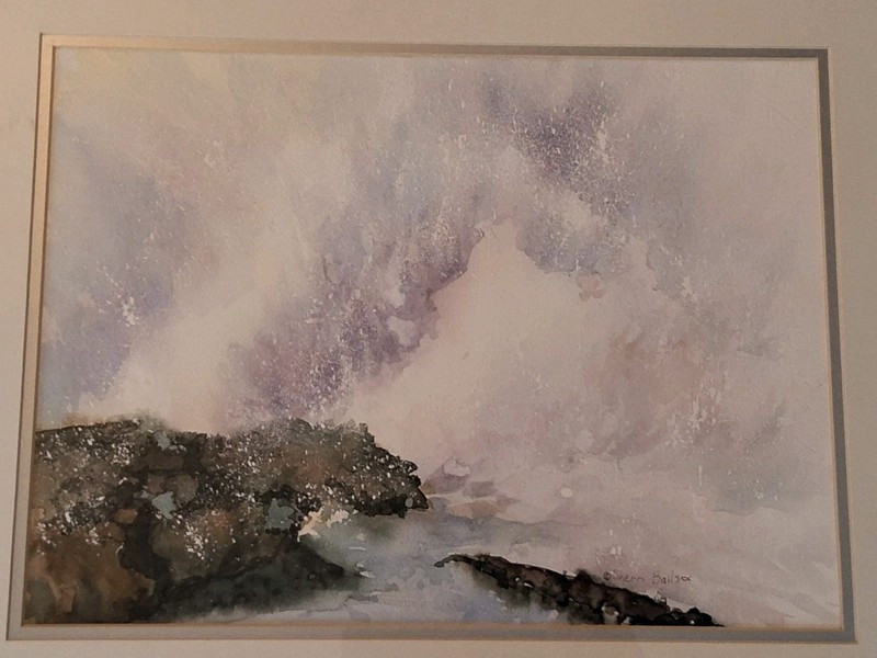 Watercolor art by Sherri Bails madded framed signed crashing waves on rocks gallery