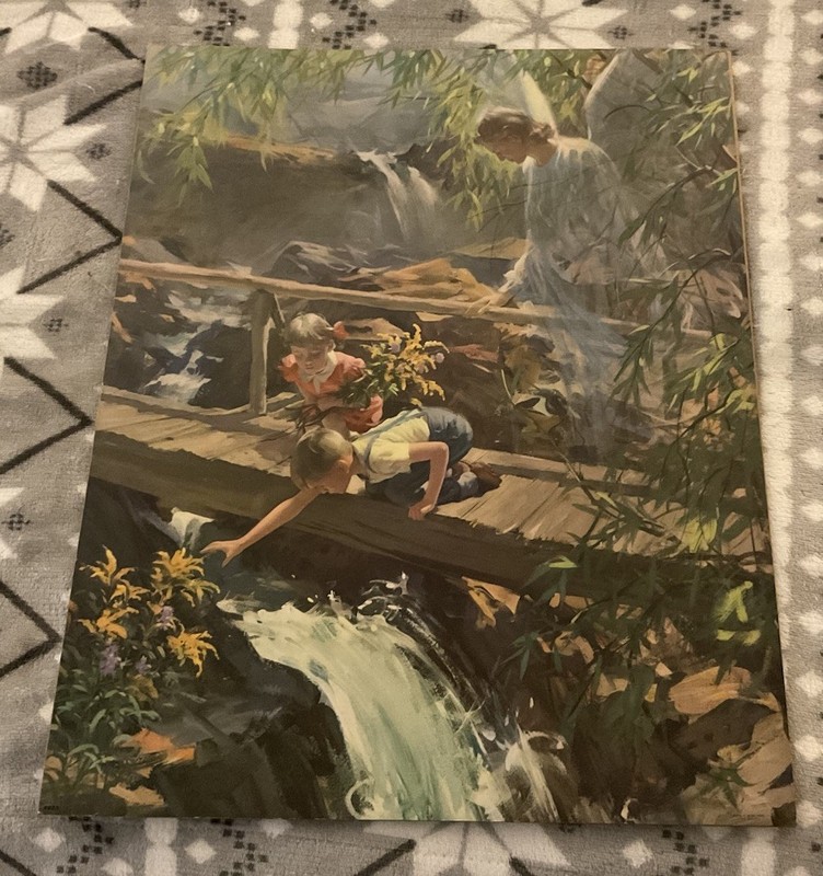 Vintage Religious Angel Protecting Children Litho Picture 16 X 20 Gorgeous!