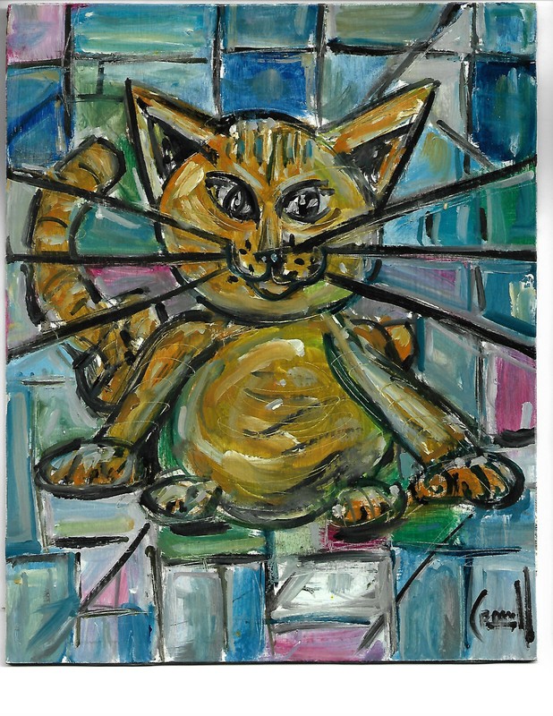 CATMAN BLUES oil painting NEW original 8×10 wood Vintage cat signed Crowell
