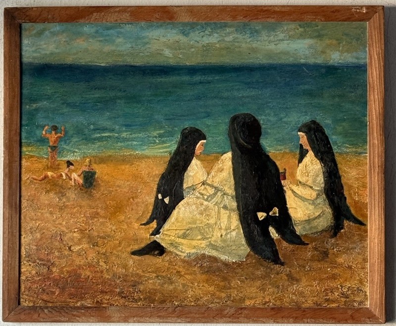 OLD ANTIQUE RELIGIOUS CATHOLIC NUN MODERN BEACH LANDSCAPE OIL PAINTING JESUS 40s