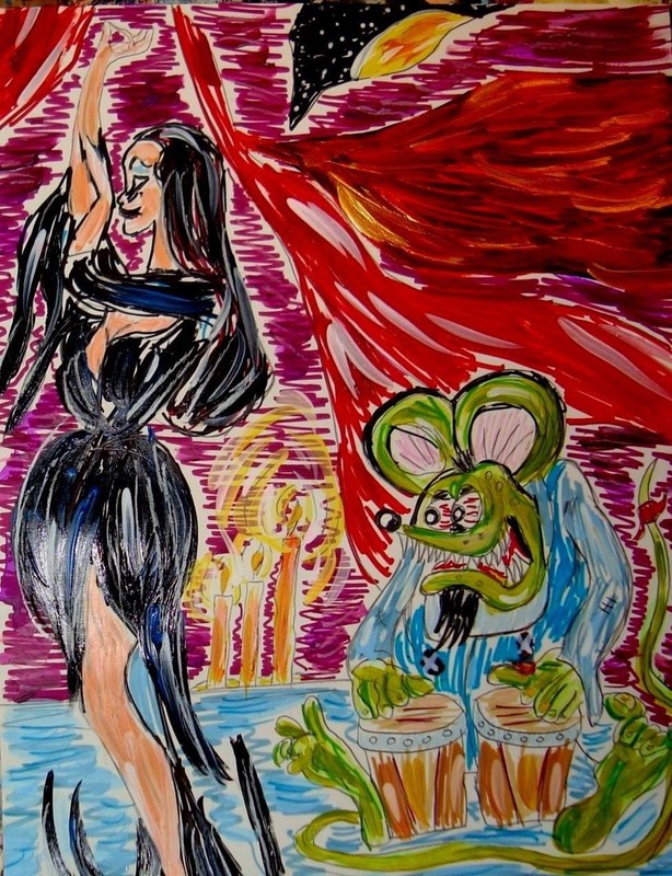 Rat Fink/Vampira art «Bang bang bongo» acrylic on hard paper 11×17 original