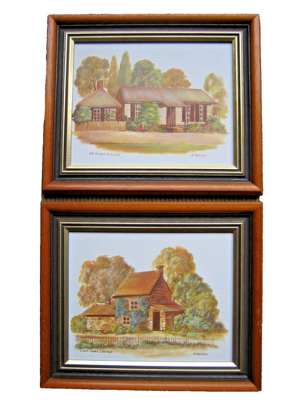 Pair «La Trobe’s & Capt. Cook’s Cottage» Original oil Painting By Norma Geddes