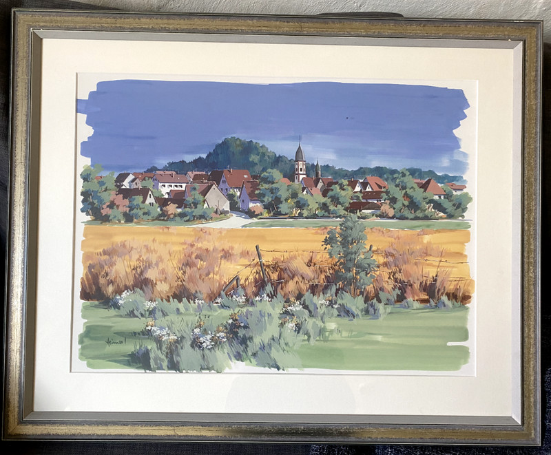 ::OIL PAINTING HEIMERL CHURCH SOUTHERN GERMAN FIELDS BLUE SKY VILLAGE CATHOLIC IDYLL