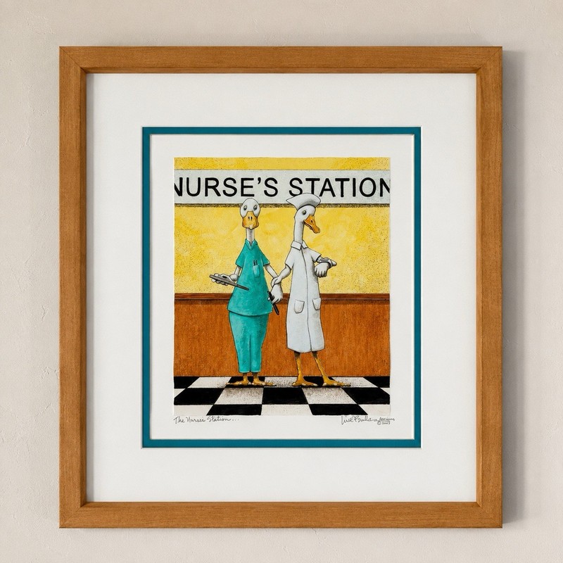 Original Will Bullas Nurse’s Station Watercolor Signed 2007 Inscribed 16”x14”