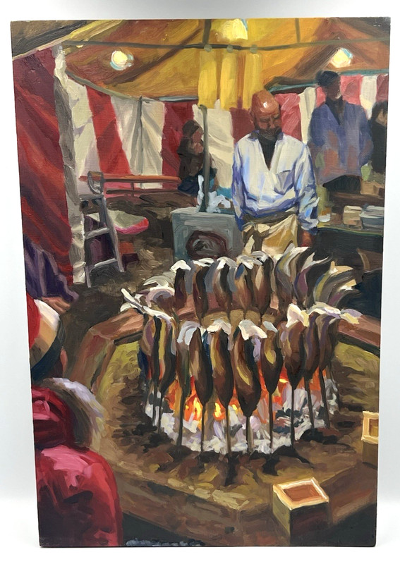 Orig Expressionist Fish Market Oil Painting 12×18 Wood Panel Art Asian Street