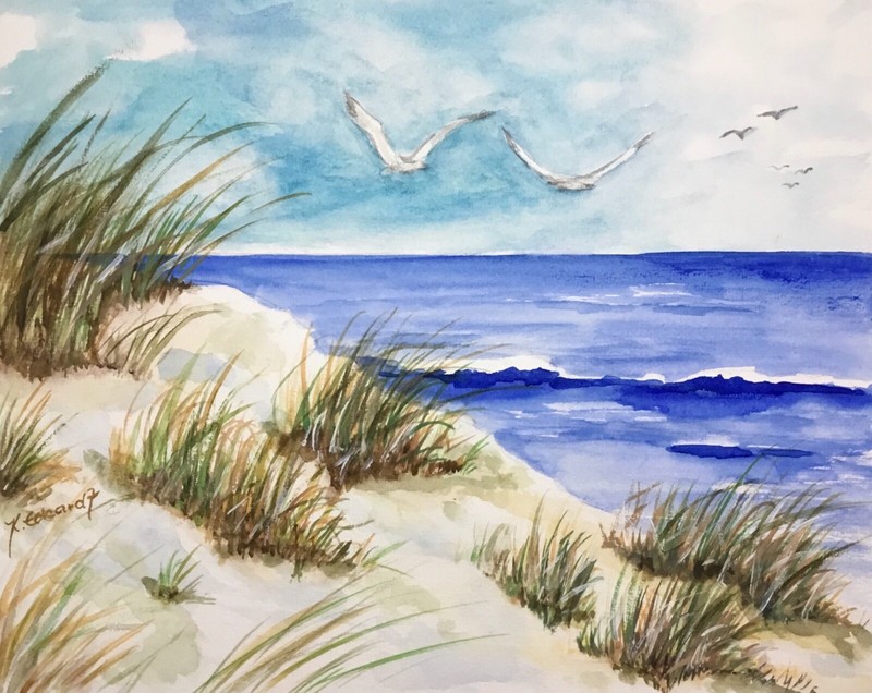 watercolour original landscape handmade 24×30 cm North Sea sea seagulls sea waves 5