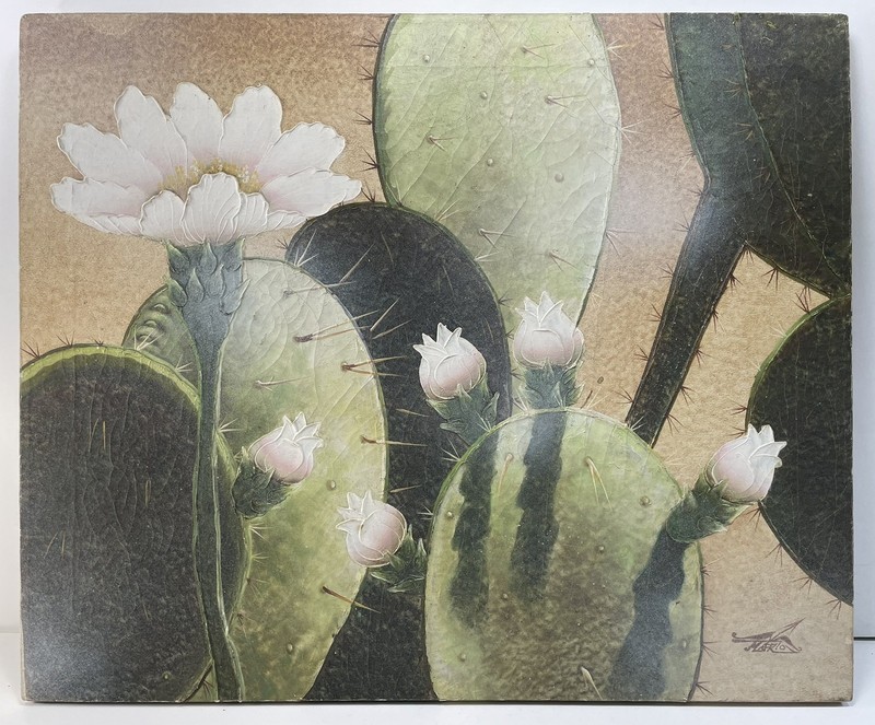 MYUNG MARIO JUNG Vintage Oil Painting Southwestern DESERT CACTUS FLOWERS 20×24