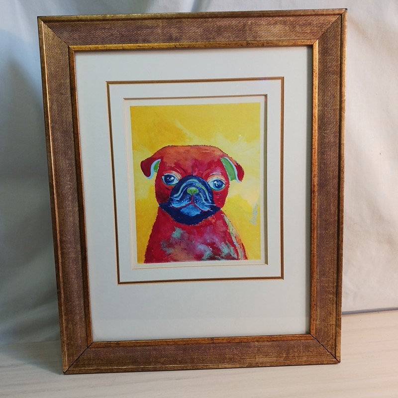 Colorful Pug Print Framed Matted Cathey Red Abstract 16 X 13.5 Gold Frame Dogs
