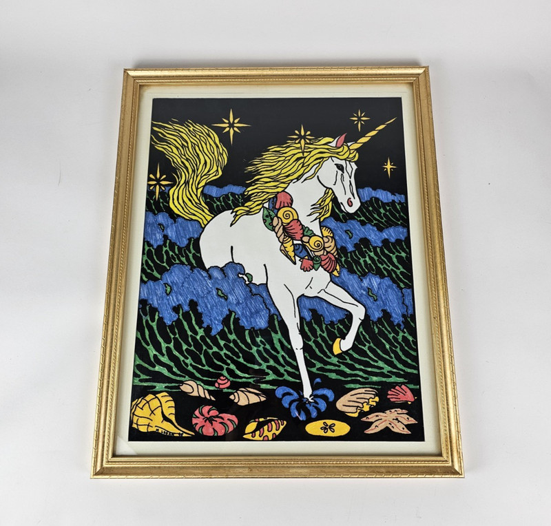 Vintage Reverse Glass Unicorn Art 1980s Fantasy Wall Decor Mythical Creature