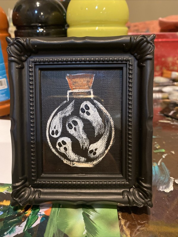 Halloween,ghost,Original Painting On Paper,3/4,miniature,small,cute,framed