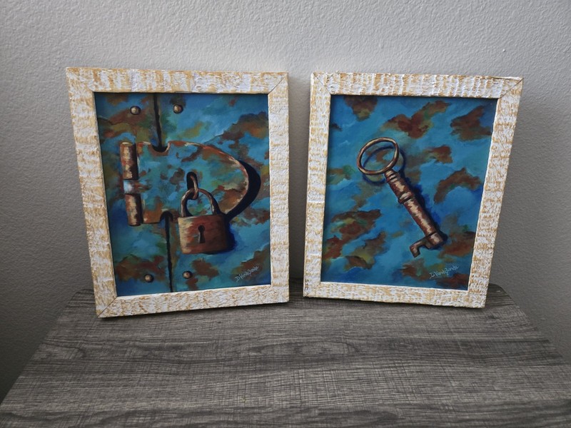 Acrylic Painting Set With Lock And Key Theme Signed By Artist, Rustic Brown Teal