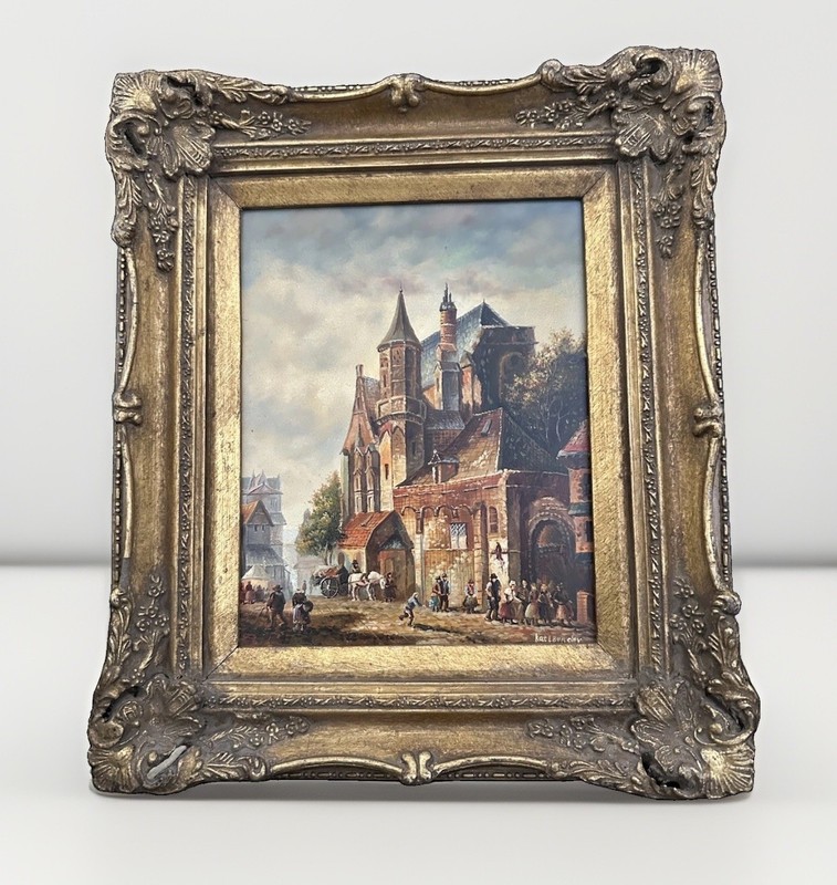 Original Oil Painting on Board European City Street Scene with Antique Frame